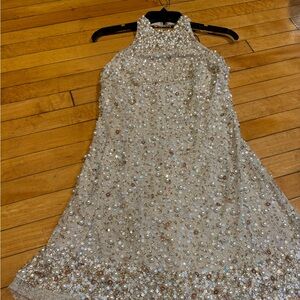 Tan and Gold Sequin Embellished Halter Gown